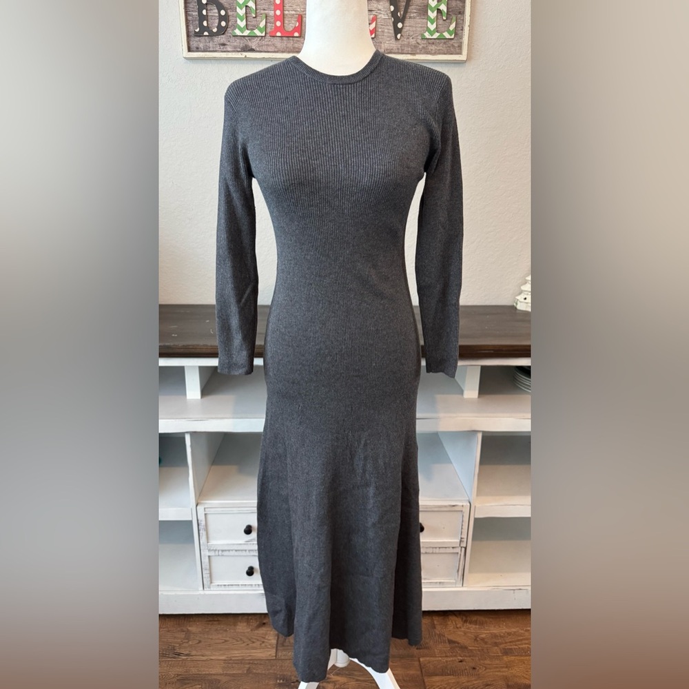 Polo Ralph Lauren Ribbed Knit Fit Flare Midi Dress Gray Women's Size S